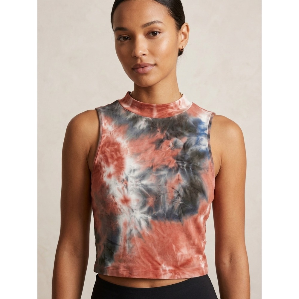 Rust Tie Dye Mesh Mock Neck Sleeveless Crop Top Size M